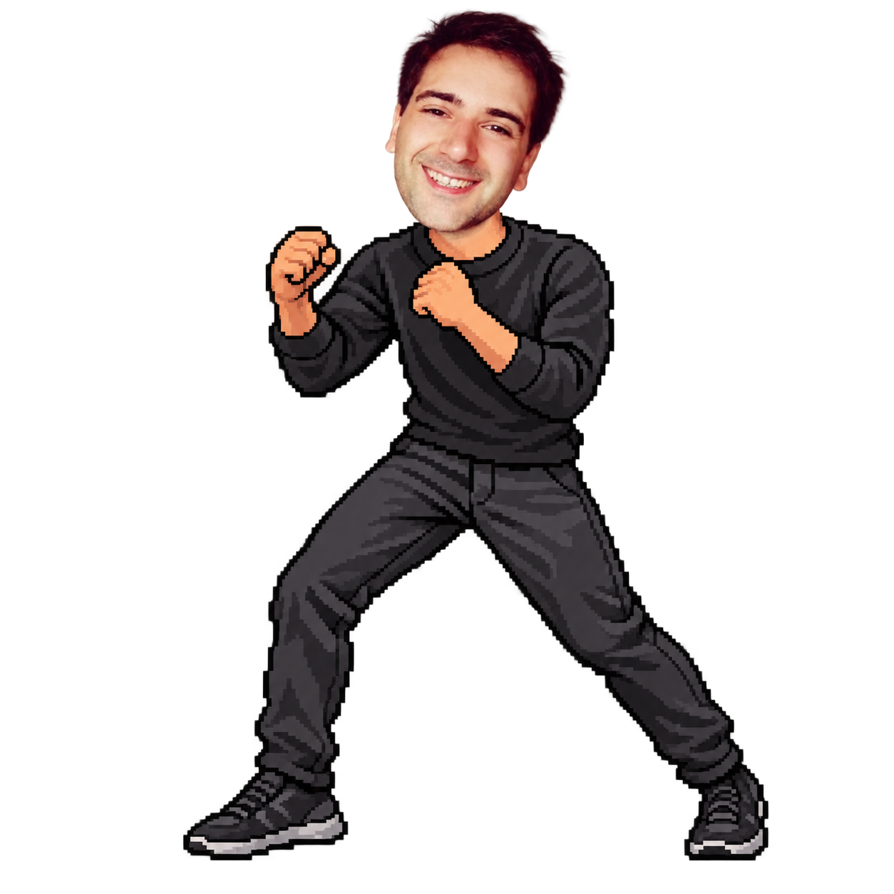 Tibo’s classic photographic avatar on a pixel fighter